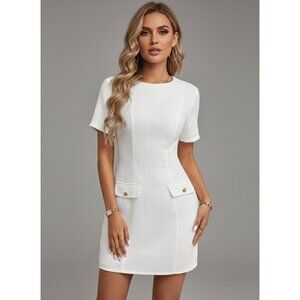 Crewneck Short Sleeve Faux Pocket Mini Dress White